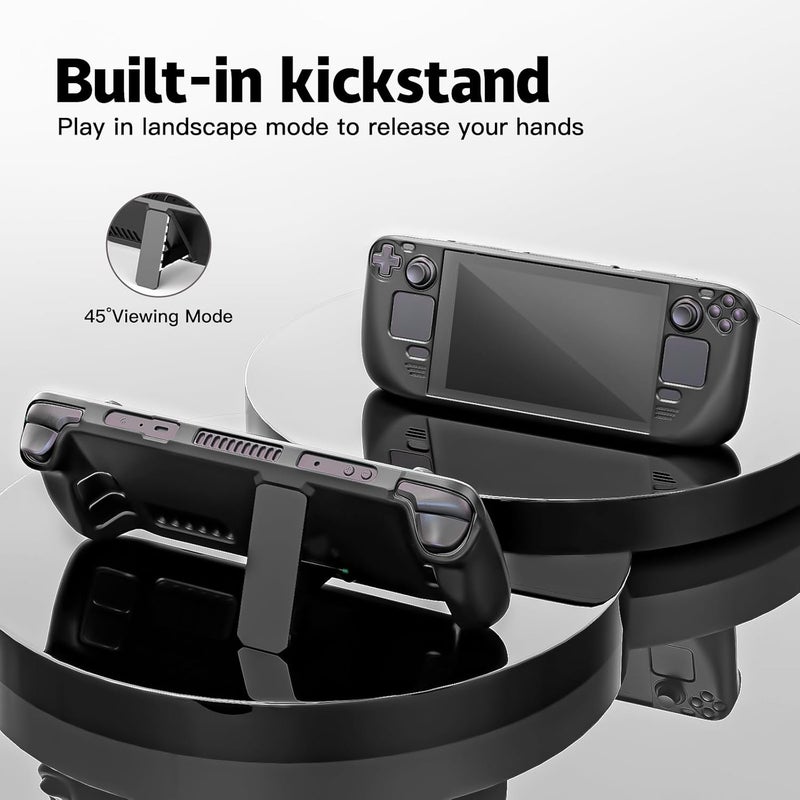 bibuks حافظة واقية لجهاز Steam Deck / OLED، غلاف واقي غير قابل للانزلاق، ملحقات حافظة Steam Deck مع حامل، 2 واقي شاشة، 4 قبضة إبهام (أسود) - Image 4